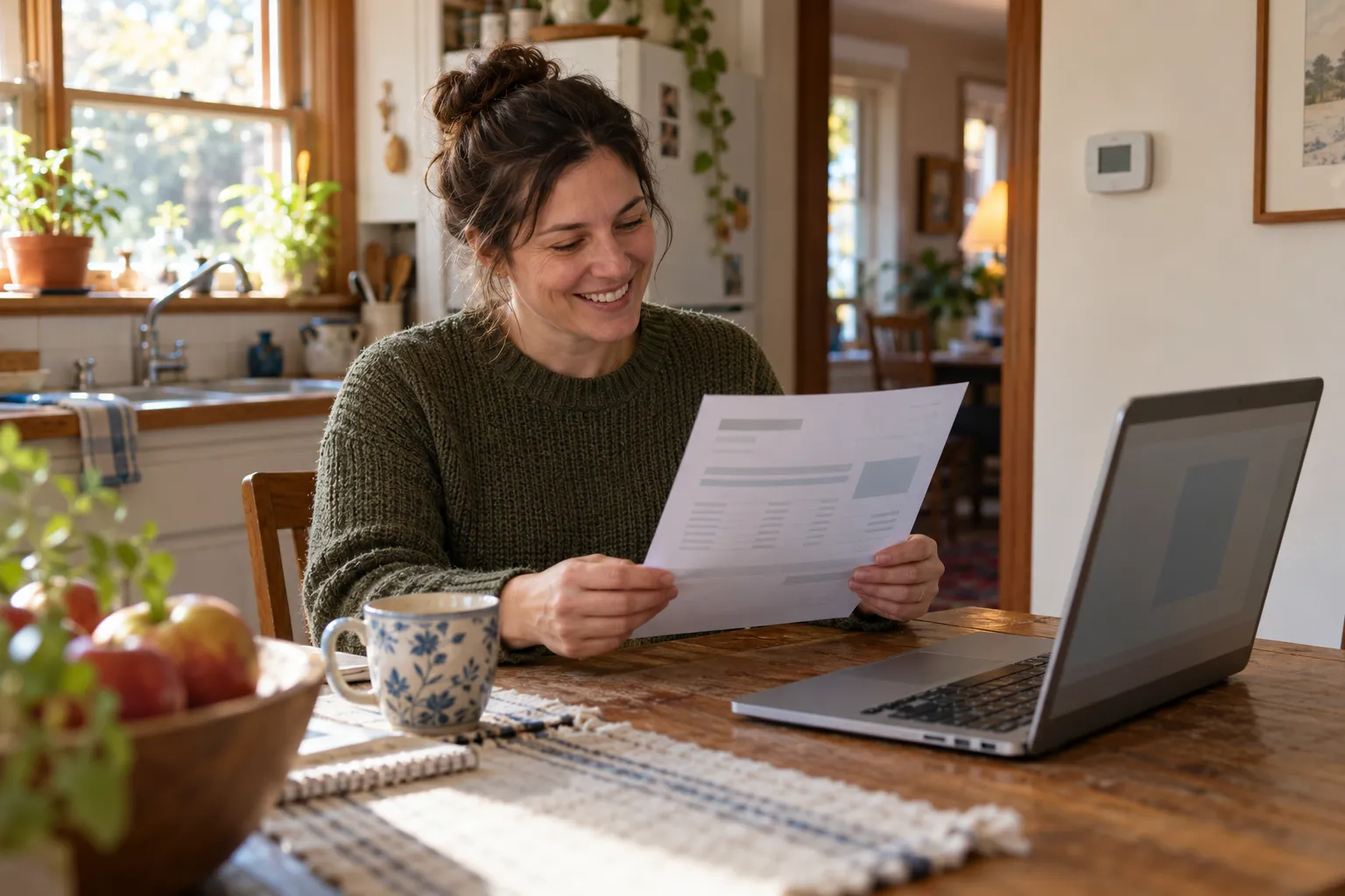 Homeowner reviewing a heating and cooling estimate at a kitchen table